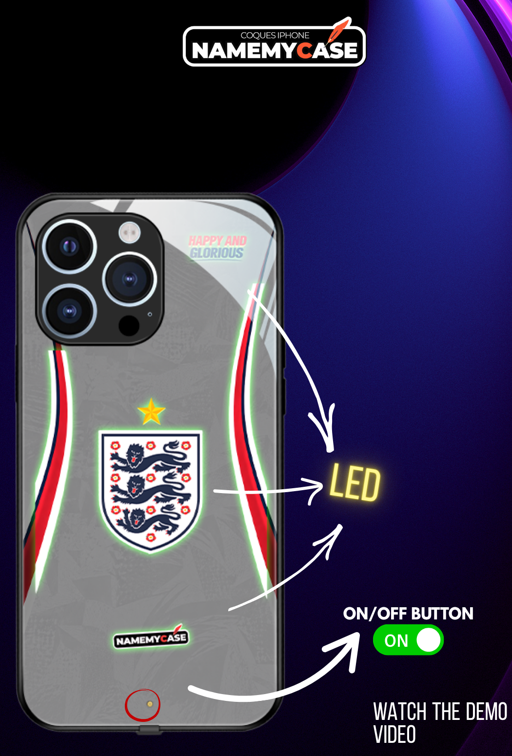 LED Light-Up iPhone Case - White England World Cup Jerseys